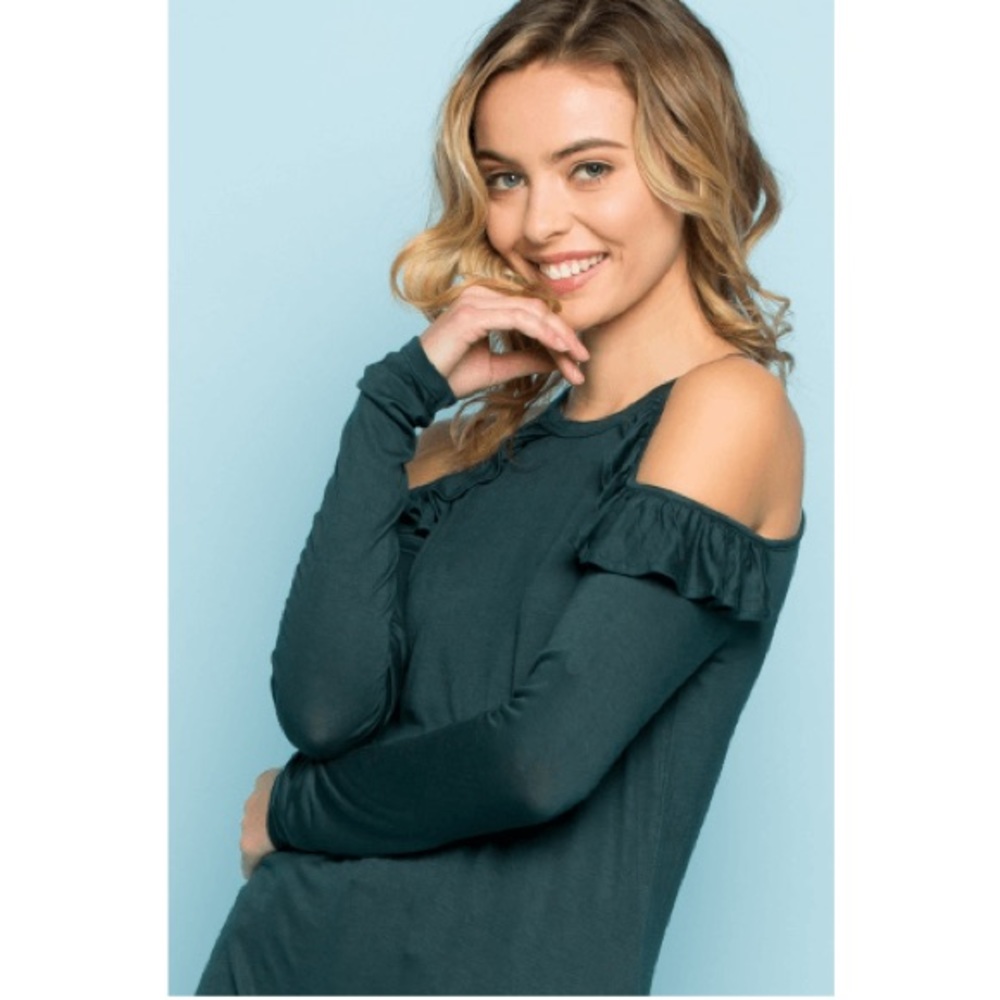 Ruffle Sleeve Cold Shoulder Top Hunter Green
